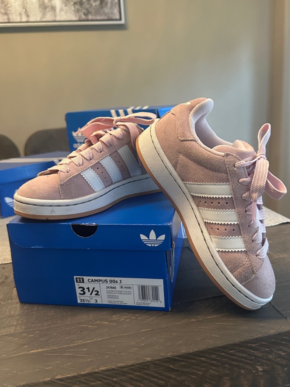 adidas Kids Pink Suede Sneakers with White Stripes